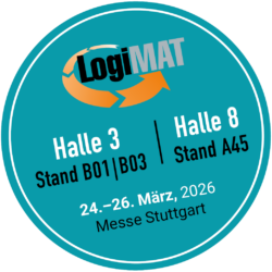 LogiMAT-Logo mit Veranstaltungshinweis & Fahrerlose Transportsysteme: Halle 3 Stand B01|B03, Halle 8 Stand A45, 24. bis 26. März 2026, Messe Stuttgart.