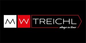 25b795b9-a220-49e7-bba3-971db0b97247 Logo with black background. White letters "M" and "W" in separate boxes, "M" on a white box, "W" on a red box. "TREICHL" in white text, followed by "always in time" in cursive font.