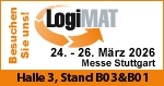 Veranstaltungsbanner der LogiMAT Stuttgart 2026: 24-26 März, Messe Stuttgart. Halle 3, Stand B03 & B01.