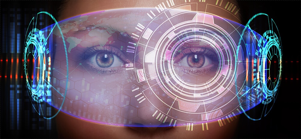 Close-up portrait of young and beautiful woman with the virtual Datenbrille