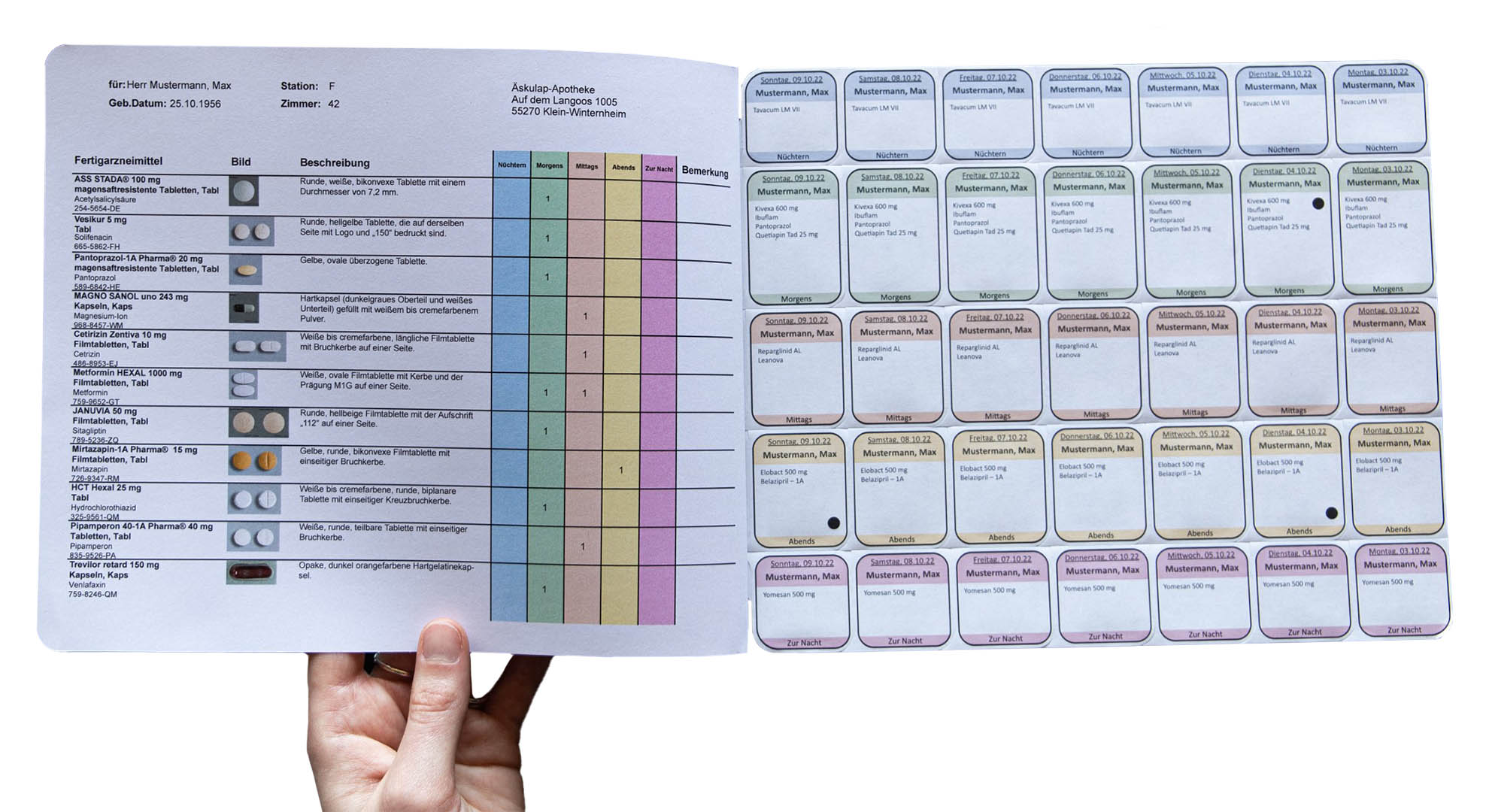 A hand is holding the blister card produced by the Daily Dose Dispenser. The blister card is open and displaying medication information.