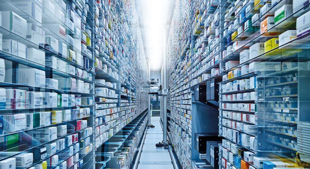 KNAPP-Store View into the aisle of a KNAPP-Store, an intelligent, innovative storage and picking system for automated single item picking. The storage robot in the KNAPP-Store is storing and retrieving medicines. The KNAPP-Store, an automated picking system, is well-suited to pharmaceutical wholesaling.