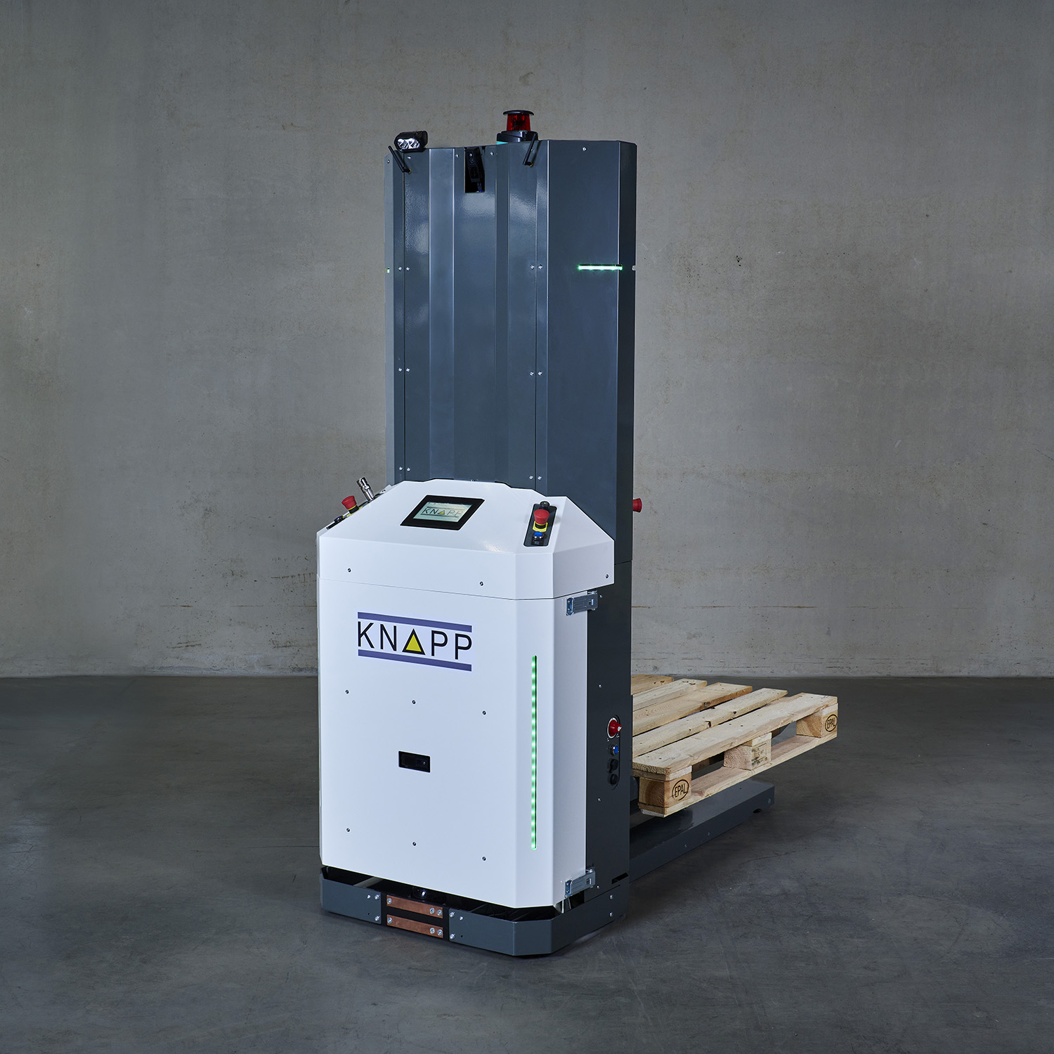 KNAPP_Open_Shuttle_Fork_AGV_FTS_Palett_Palette Open Shuttle, an automated guided vehicle for transporting pallets.