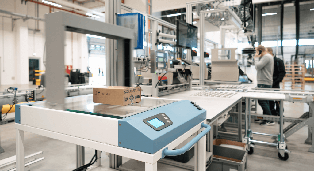 Goods-in work station with fully automatic KHT MultiScan measurement system which is currently measuring a package fully automatically. The KHT MultiScan captures the master data such as size, weight, and volume, and transmits it to the inventory control system. Clean master data plays a key role in logistics processes, such as for correct dimensioning of packaging.