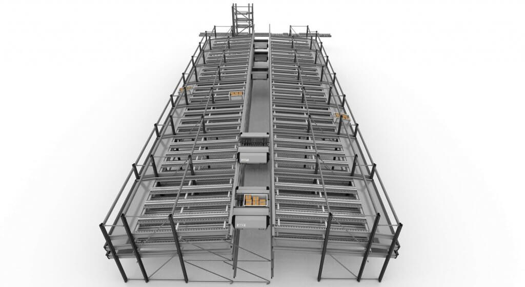 Animación realista del OSR Shuttle Sorter de KNAPP, un sistema de clasificación ideal para aplicaciones en el rango de alto rendimiento. Permite un uso flexible y un aprovechamiento óptimo de los recursos, así como una distribución más uniforme de los períodos de picos de productividad y de baja productividad.