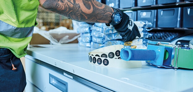 A person picks up goods lying on a disinfected surface. Innovation.