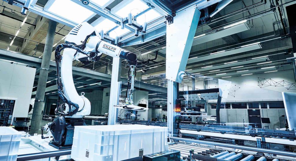 Single-item picking using a picking robot A robot arm is picking items into containers