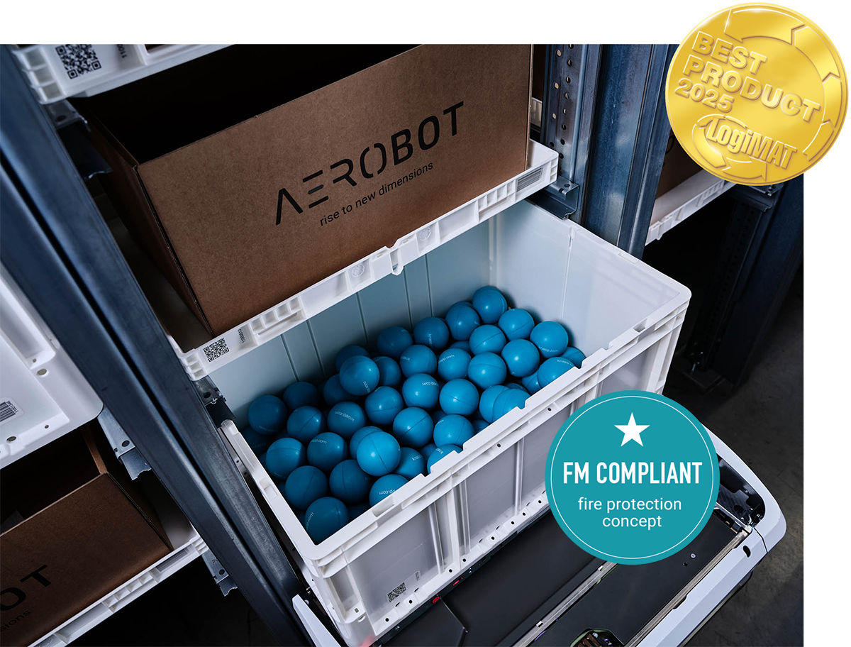 The image shows an AeroBot storage robot with a Best Product label and an FM Global standards compliant label