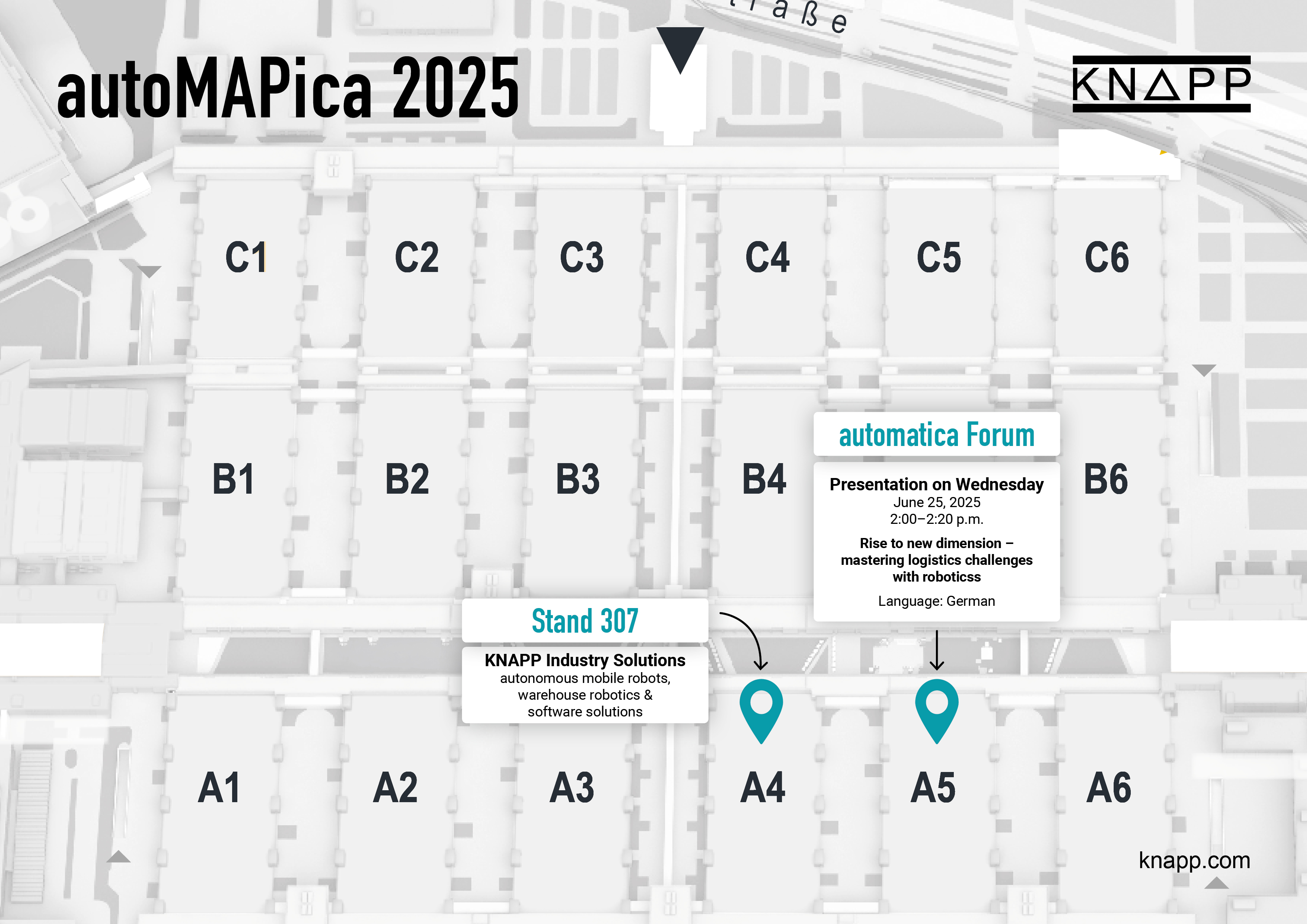 autoMAPica_2025_A4_quer_V01 Eine Übersicht über die Hallen der Messe München. Der KNAPP-Stand befindet sich in Halle A4, Stand 307.