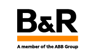 Logo B&R avec ligne orange en dessous et texte "A member of the ABB Group" en dessous, mettant en évidence l'automatisation d'entrepôt industrie sur un fond clair.
