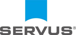 ce9c7f96-e5ec-4915-9cc5-46ca68859a8a The image shows the SERVUS logo with a blue square featuring a white curved section at the bottom, above the word "SERVUS" in bold, gray, uppercase letters.