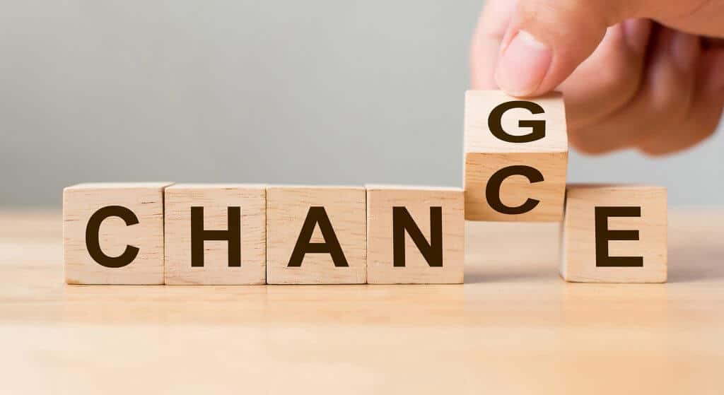 Hand flip wooden cube with word "change" to "chance", Personal development and career growth or change yourself concept