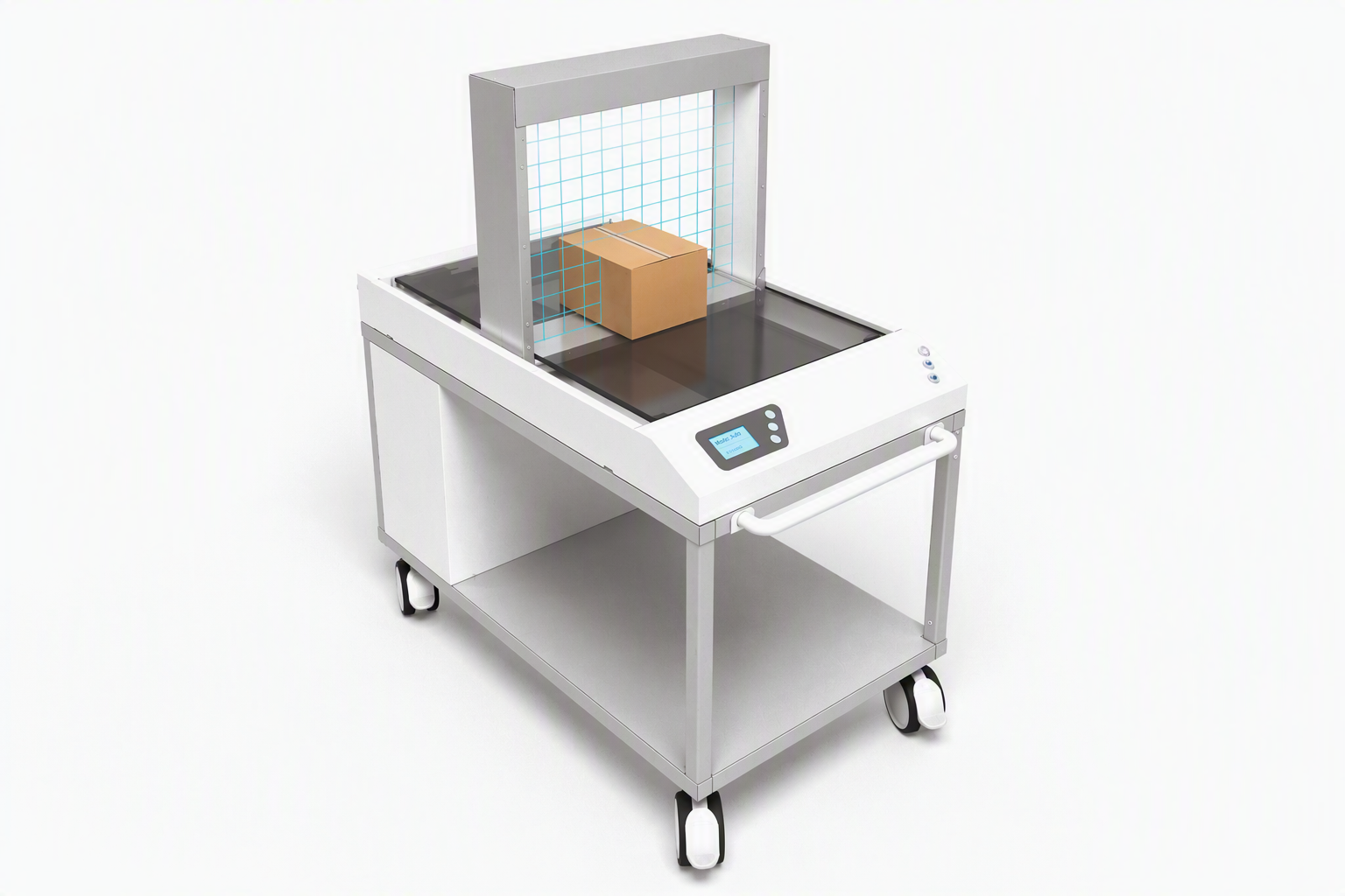 MultiScan für Ihre Datenerfassung Auf einem Multiscan-Scannerwagen mit Rollen, Glasfläche, Bedienfeld und Rasterhintergrund steht eine braune Schachtel – ideal für die automatisierte Datenerfassung.