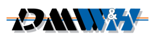 Logo avec des lettres noires et bleues "DMW&H", des bandes orange et bleues et une esperluette-intégrateurs en logistique d'entrepôt.