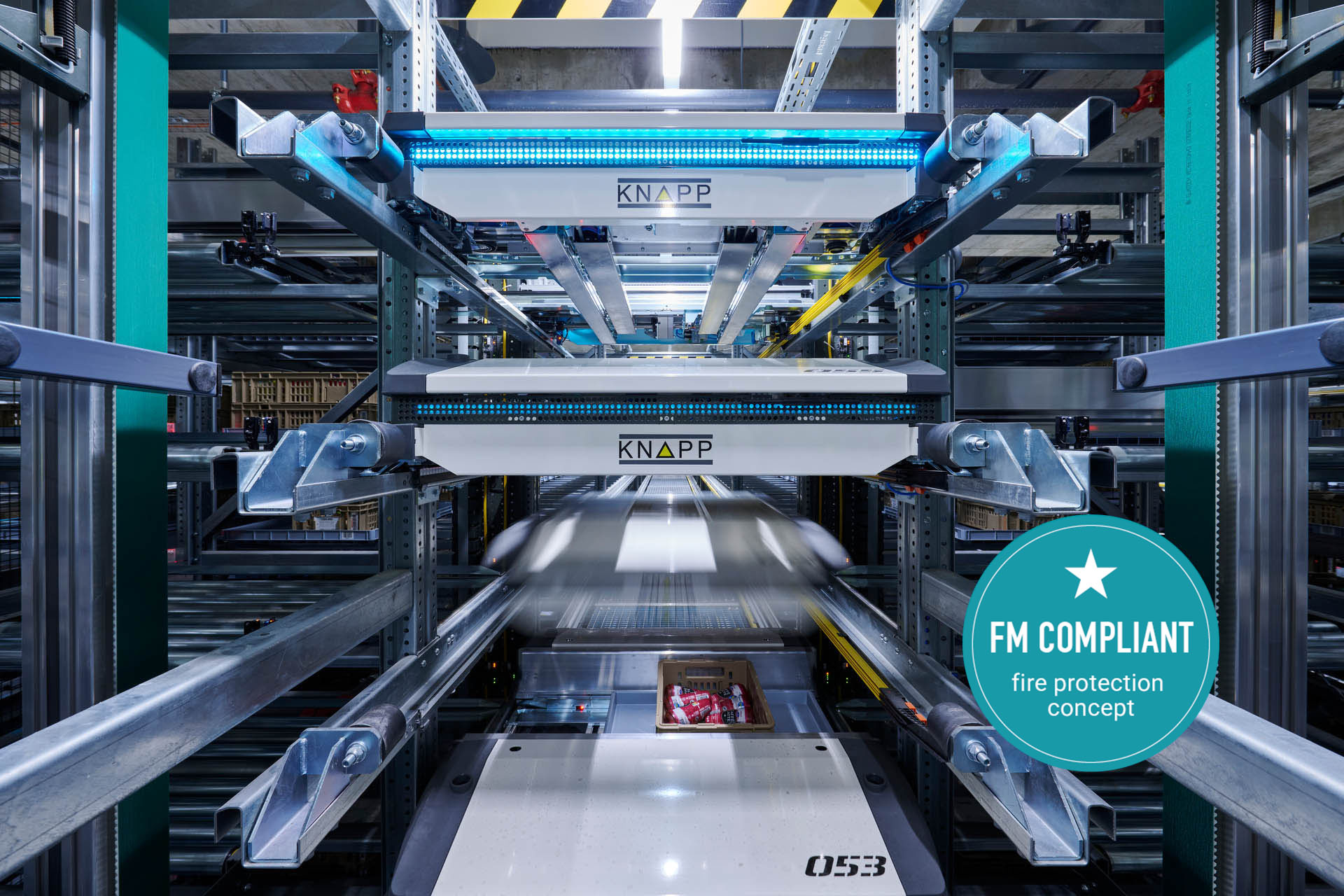 evo-shuttle-1d_fm-global-1 Automatisiertes Lagersystem mit KNAPP-Technologie und FM Global Compliant Brandschutzkonzept-Abzeichen.