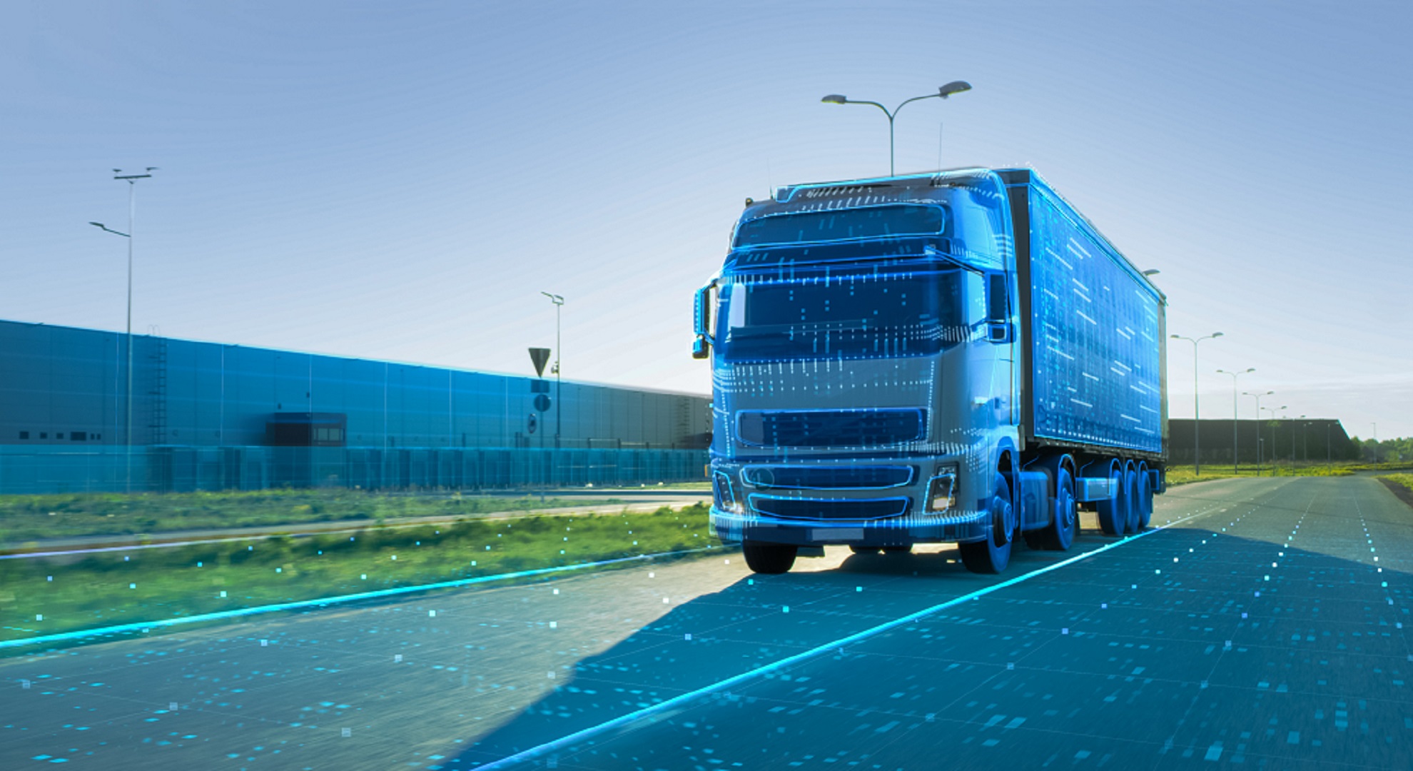 La investigación logística es esencial para los futuros conceptos de transporte Un camión futurista con pequeñas luces turquesas en la carretera