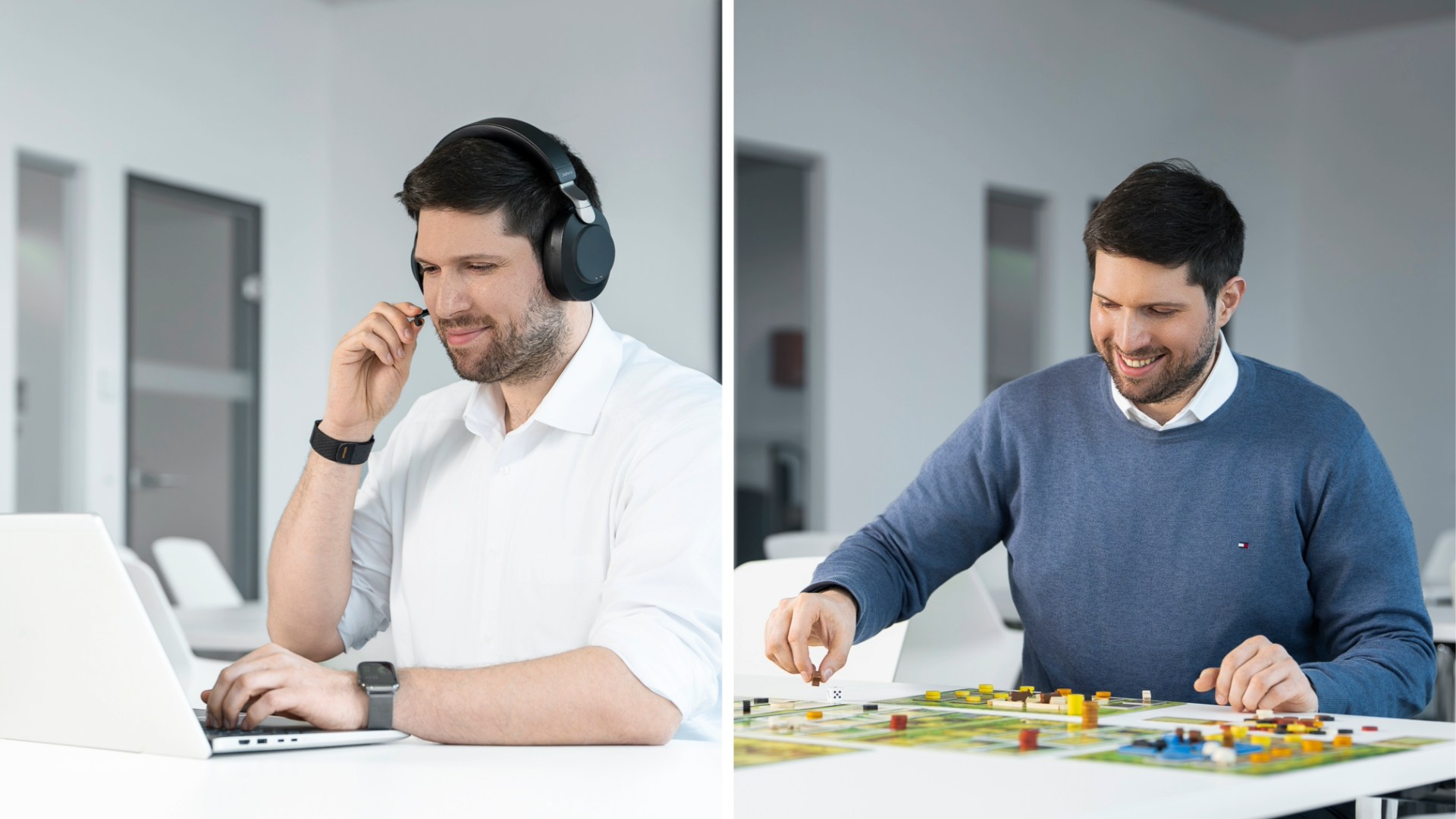 Image en deux parties : à gauche, un homme travaille sur un ordinateur portable, un casque sur les oreilles. À droite, ce même homme sourit en jouant à un jeu de société avec des pions colorés.