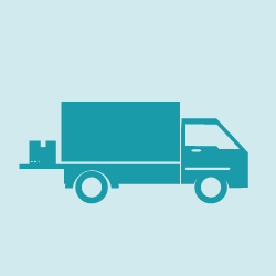 Funktionale Highlights-02 Ein einfaches, blaugrünes Symbol eines Lieferwagens mit einem Paket auf der offenen Rückseite, dargestellt auf einem hellblauen Hintergrund - perfekt für die Darstellung von Supply Chain Software.