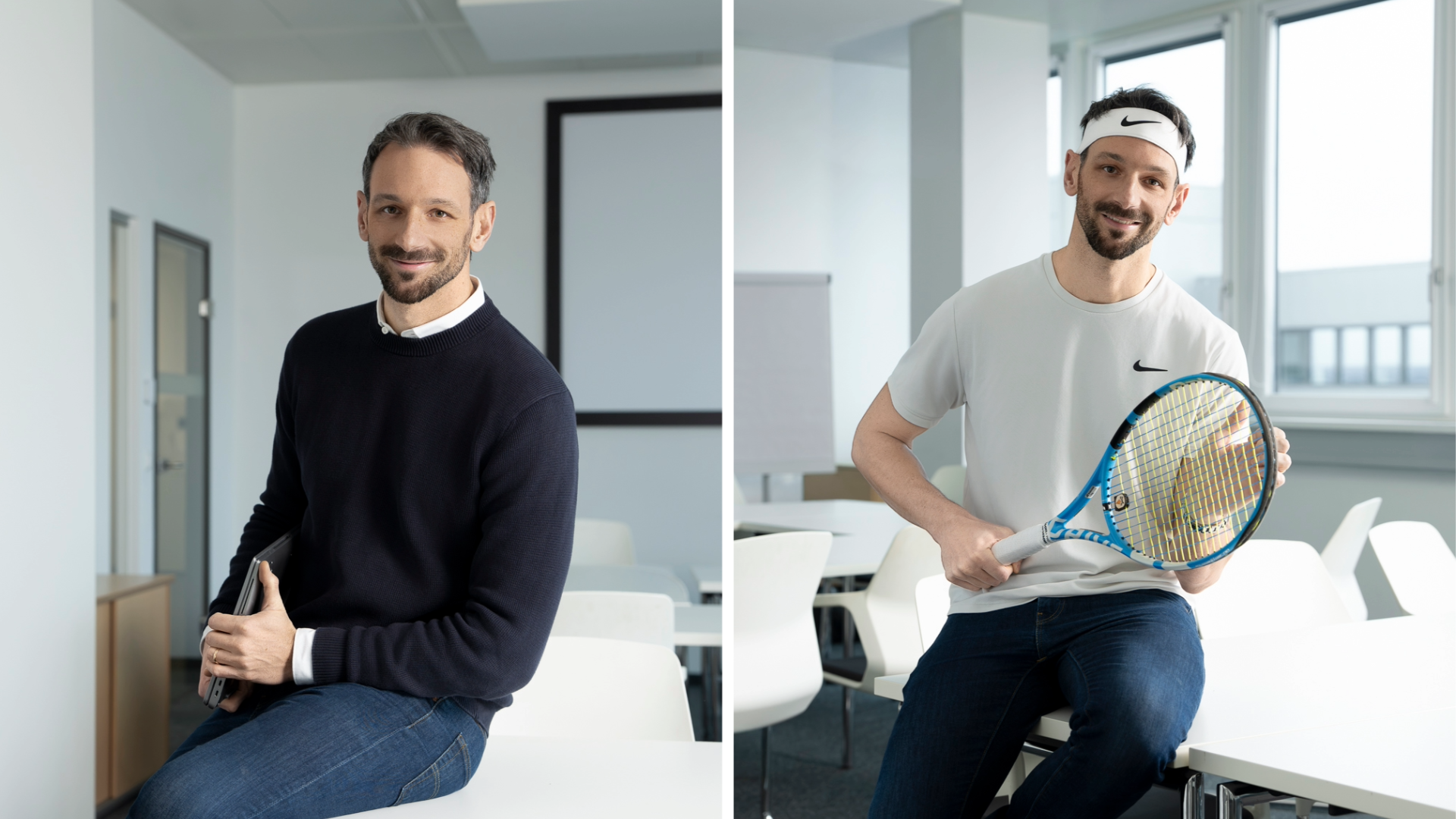 Image en deux parties : à gauche, un homme vêtu d'un pull foncé est assis sur un bureau, une tablette à la main. À droite, le même homme, en tenue de sport, tient une raquette de tennis et sourit.