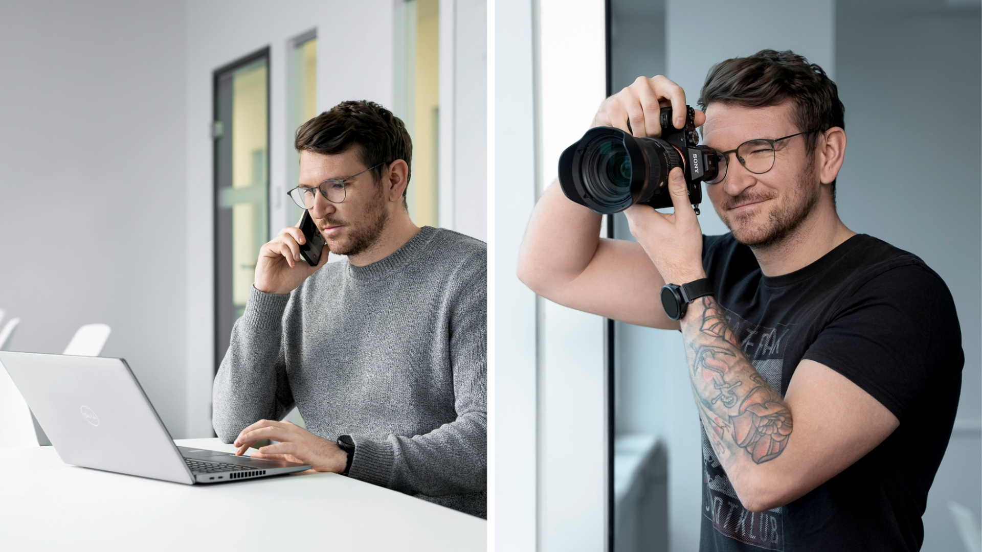 Sur l'une des photos, un homme à lunettes travaille sur un ordinateur portable tout en parlant au téléphone ; sur l'autre, il prend une photo avec un appareil photo.
