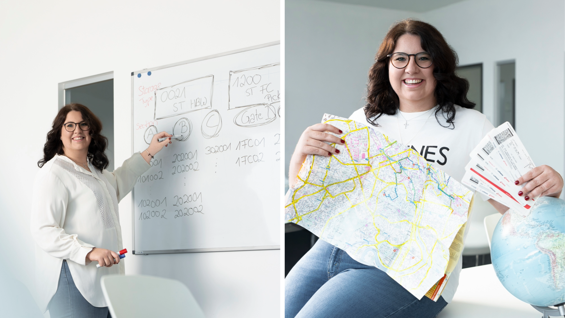 Une femme donne un cours devant un tableau blanc et est assise, souriante, avec une carte, un globe terrestre et des billets de voyage, évoquant ainsi les thèmes de l'éducation et du voyage.