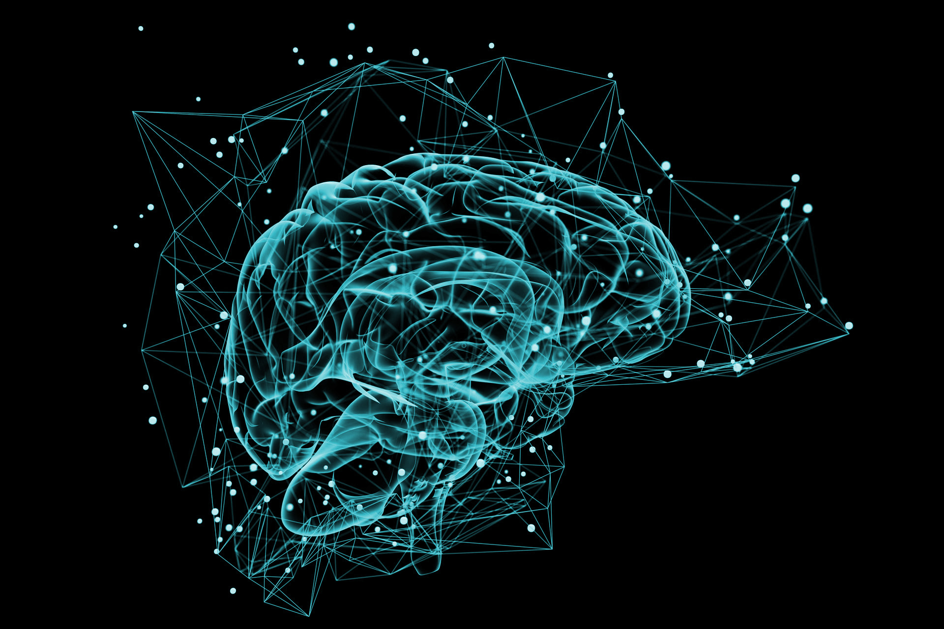 Ein blau leuchtendes digitales Gehirn mit Verbindungslinien und Punkten auf schwarzem Grund, das für KI und neuronale Netze steht, die in neue Dimensionen vorstoßen.
