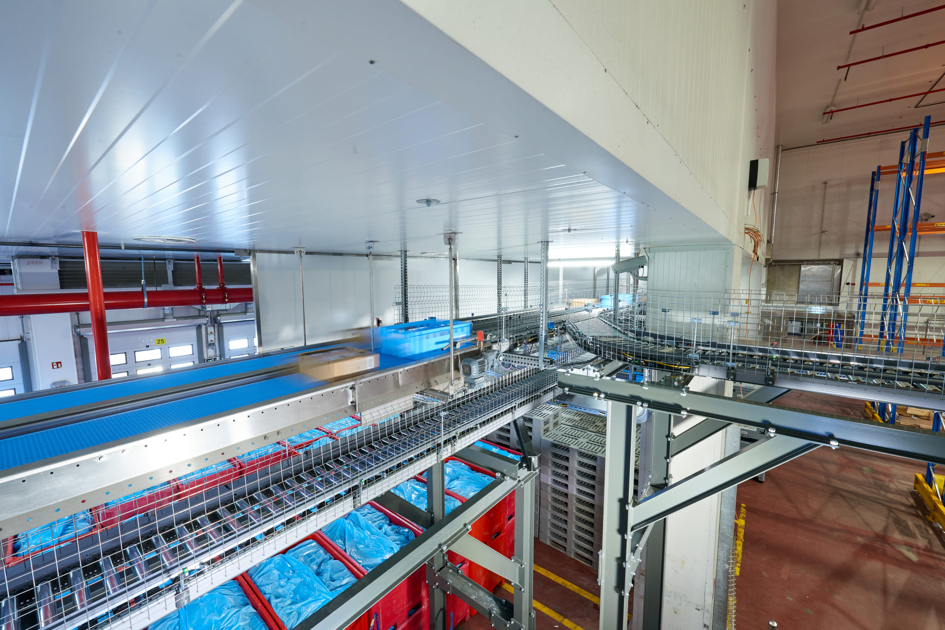 Des systèmes de convoyage automatisés transportent des conteneurs bleus et rouges dans un grand entrepôt moderne doté de rayonnages métalliques et d'un environnement propre et organisé.