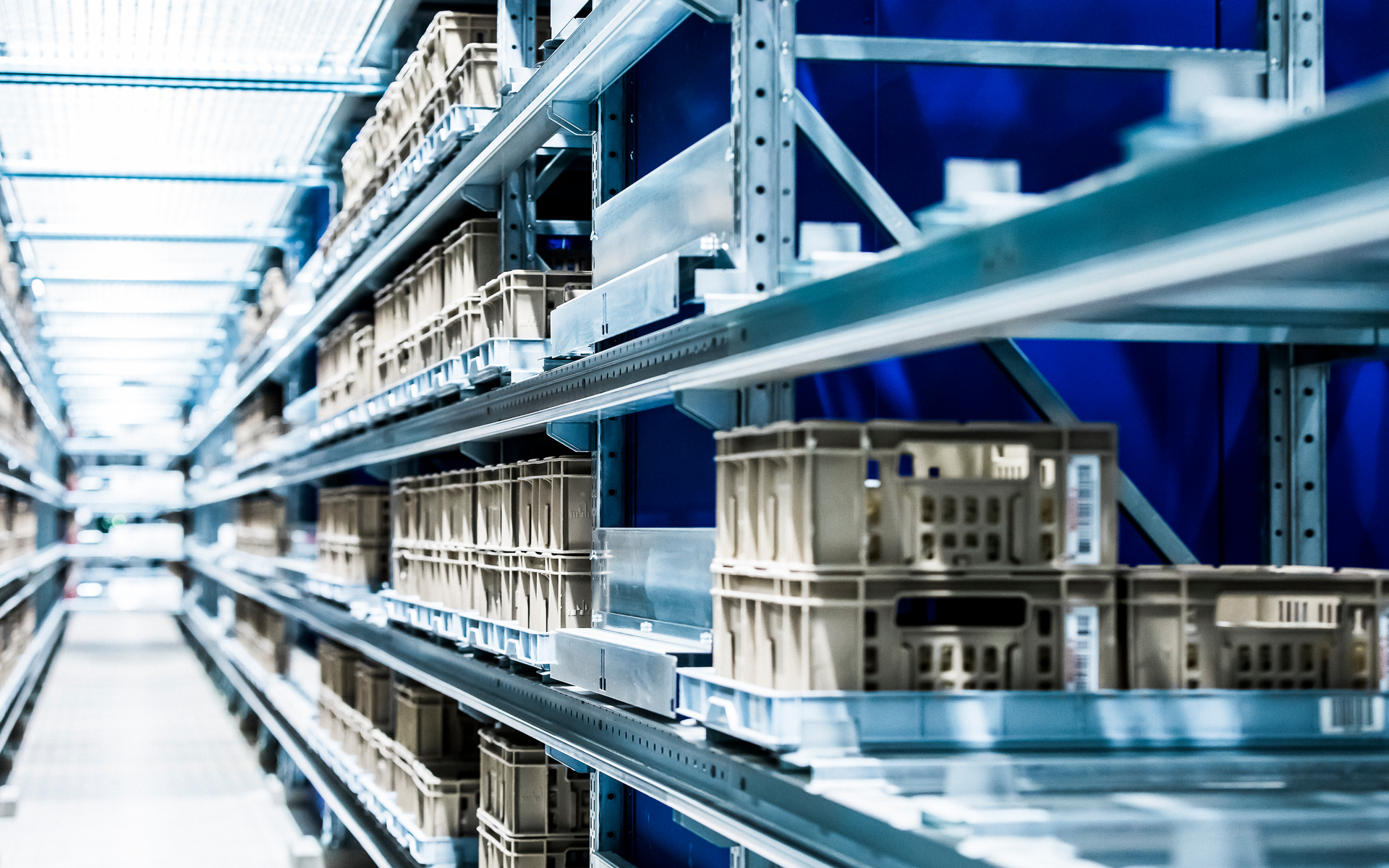 Die Artikel werden in Kisten im Shuttle-System bis zur Auslieferung zwischengelagert.