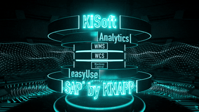 KNAPP-Software Portfolio KiSoft und SAP by KNAPP (1) Leuchtende Textringe zeigen "KiSoft Analytics, WMS, WCS, Machine Control, easyUse, SAP by KNAPP" auf einer futuristischen digitalen Plattform.