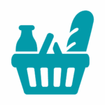KNAPP_CD_Icons_Branchen_Food Retail Das blaue Symbol eines Einkaufskorbs mit einer Flasche, einem Laib Brot und zwei weiteren Gegenständen, die das Wesentliche darstellen, wird auf einem hellgrauen Hintergrund angezeigt - ideal für die Darstellung von Supply-Chain-Softwarelösungen.