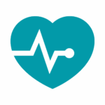 KNAPP_CD_Icons_Branchen_Healthcare Eine blaugrüne Herzform mit einer weißen Elektrokardiogramm-Linie in der Mitte, die Gesundheit, Herzüberwachung oder Supply Chain Software-Effizienz symbolisiert, auf einem hellgrauen Hintergrund.