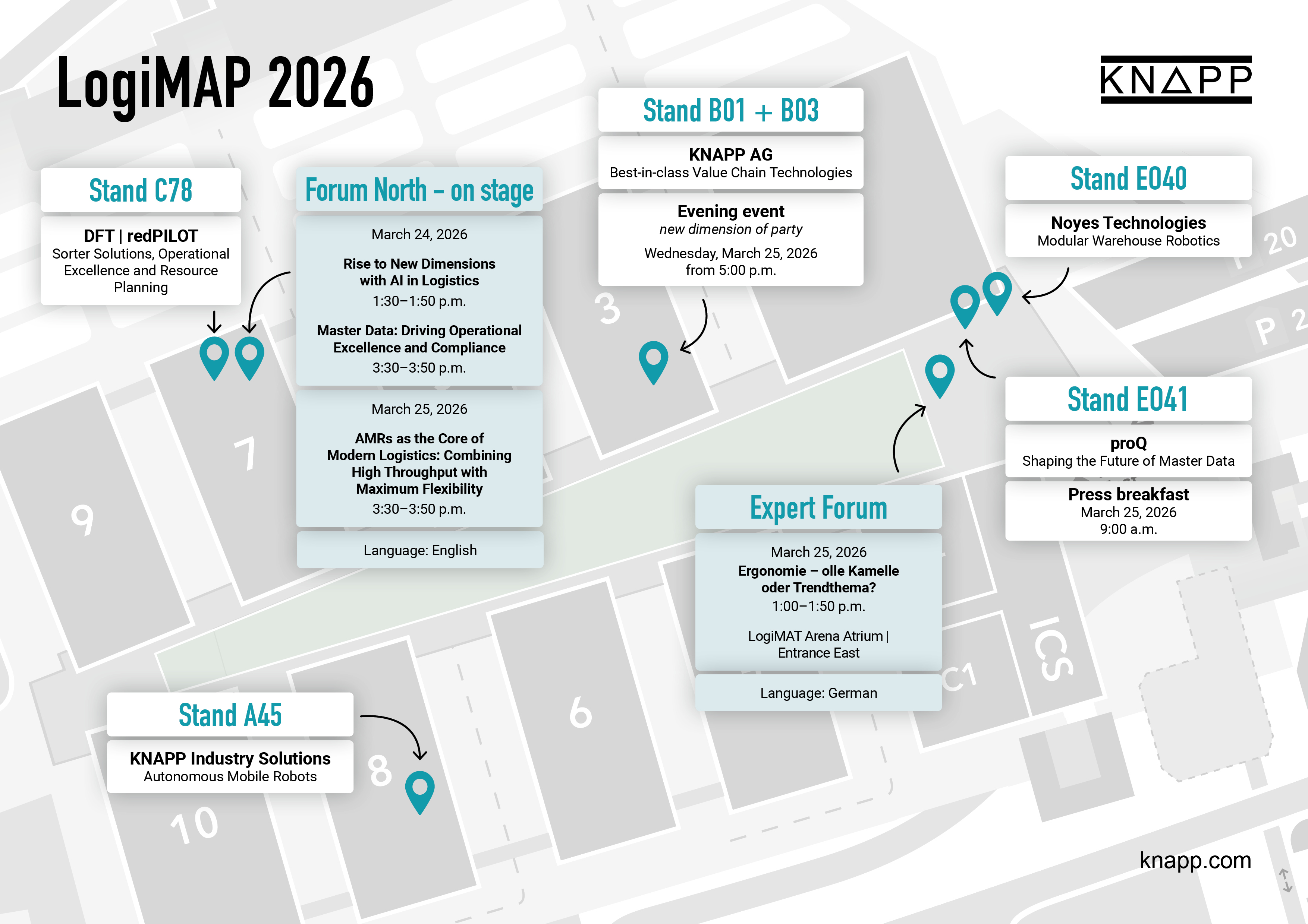 LogiMAP_2026_A4_landscape Mapa del evento LogiMAP 2026 en el que se muestra la ubicación de los stands, los horarios de los foros y los temas de las sesiones relacionadas con la logística y la robótica de almacenes.