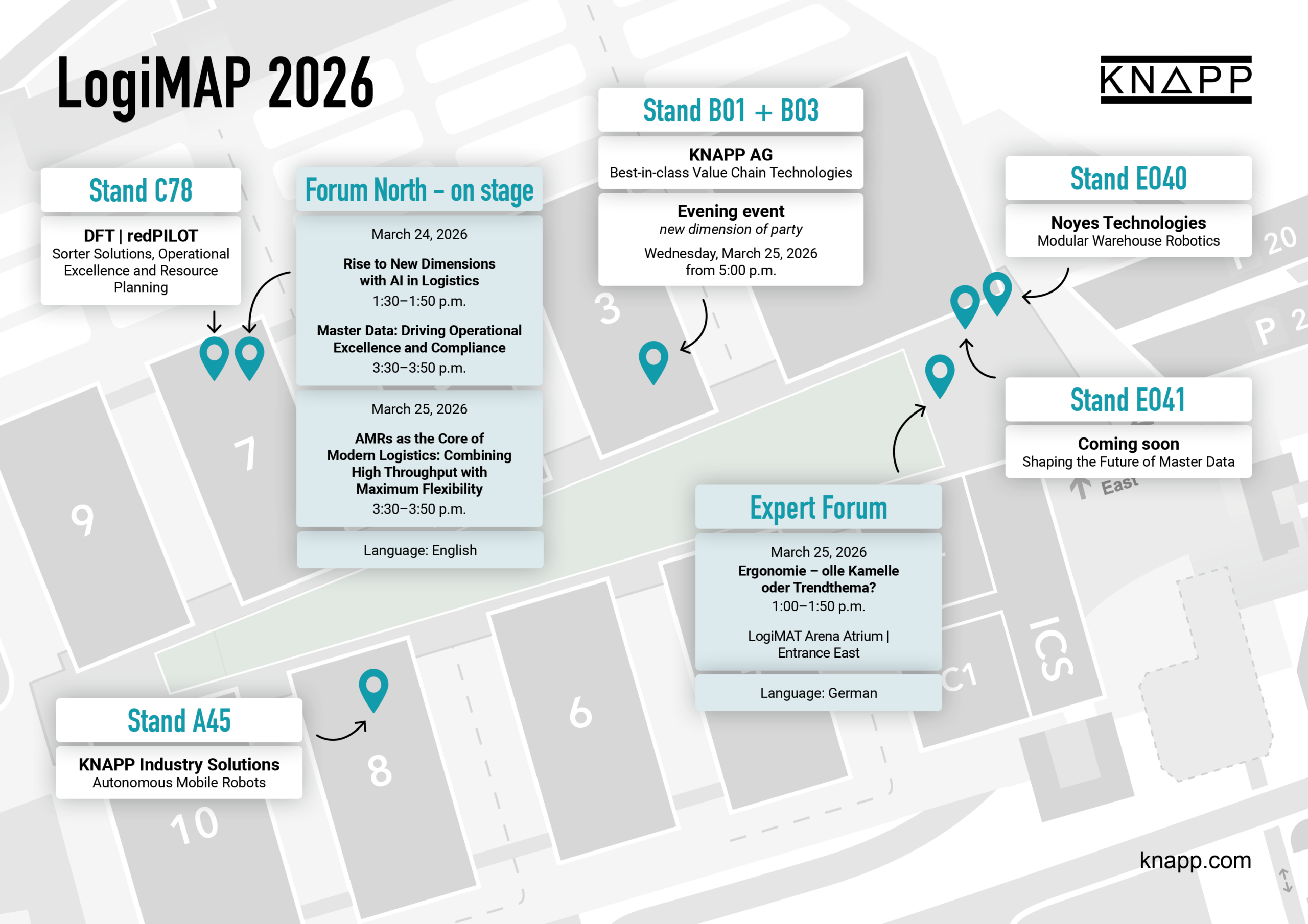 LogiMAP 2026 Übersichtsplan mit Veranstaltungsorten, Ständen und Zeitplänen für Foren und Präsentationen zu den Themen Logistik und innovative Technologien.