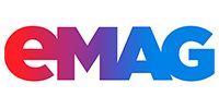 L'image montre le logo eMAG avec le "e" en rouge et le "MAG" dans un dégradé de bleu, avec des lettres arrondies en gras.