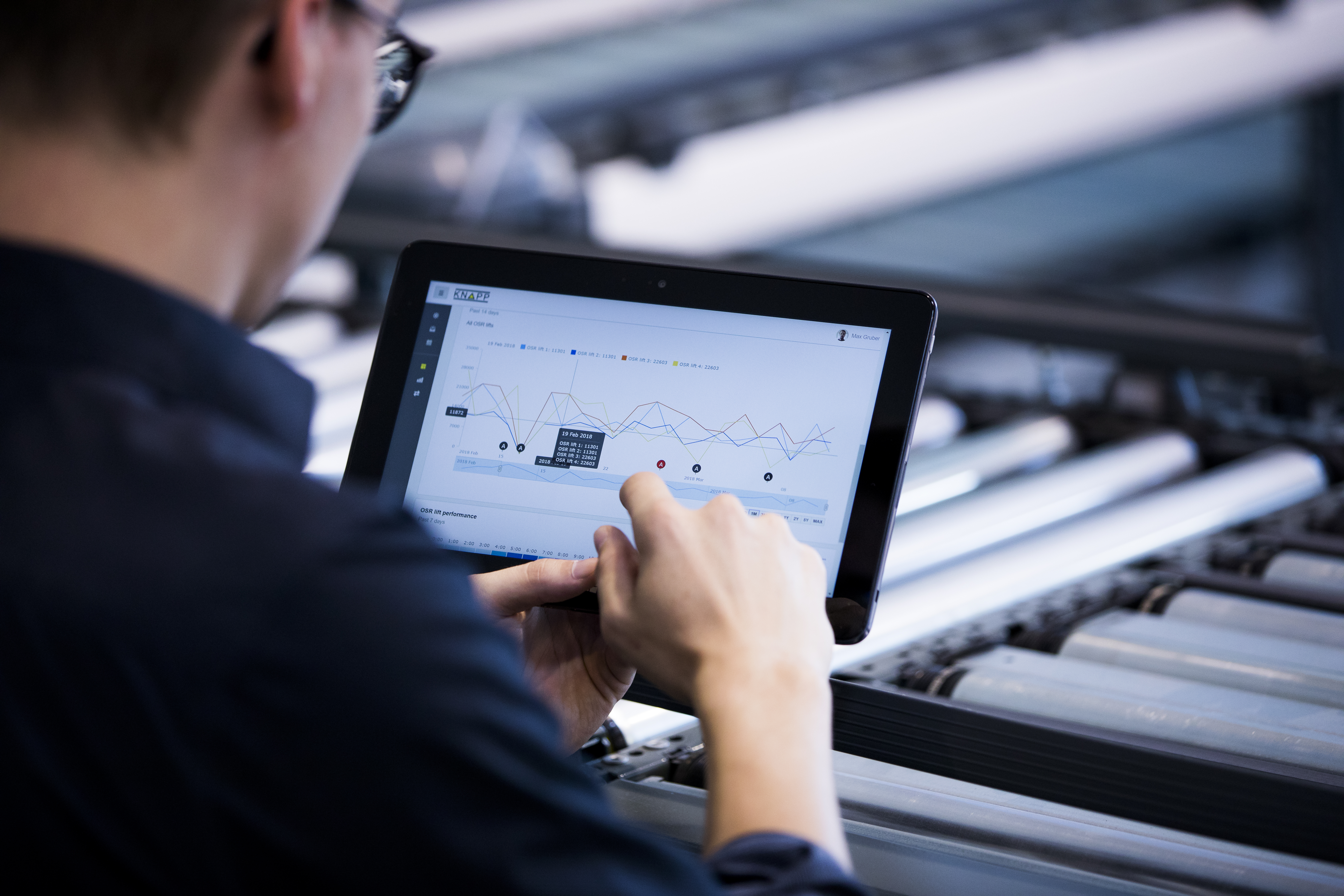 An employee views data in graphical form on a tablet