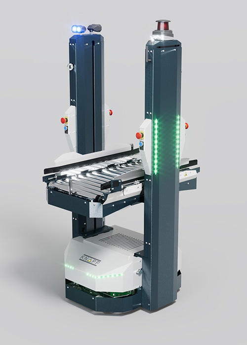 Open Shuttle ASG for magazine transport Automated guided vehicle with conveyor rollers, tall vertical columns, LED lights, and emergency stop buttons on a plain light background.