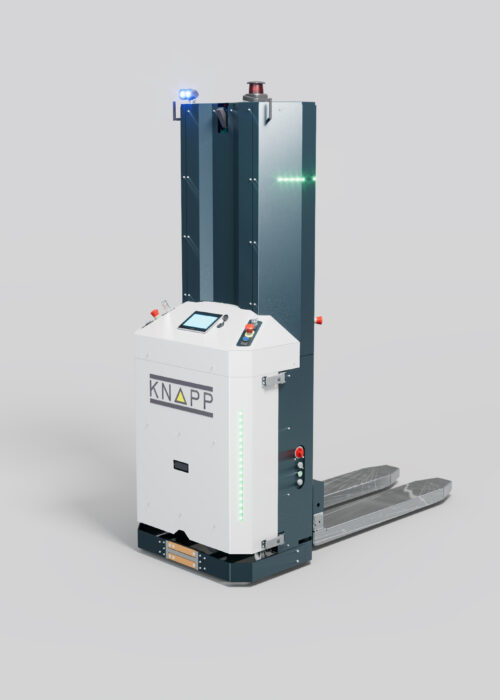 Technical specifications – Open Shuttle Fork Tall, boxy robotic forklift labeled “KNAPP,” with sensors, control panel, metal prongs, and lights, against a plain grey background.