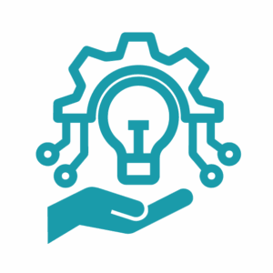 Das blaugrüne Symbol einer Hand, die eine Glühbirne hält, mit einem Zahnrad und Schaltkreisen darüber, symbolisiert Innovation, Technologie und Unterstützung für kreative Ideen - und spiegelt die Möglichkeiten für Ihre Karriere bei KNAPP wider.