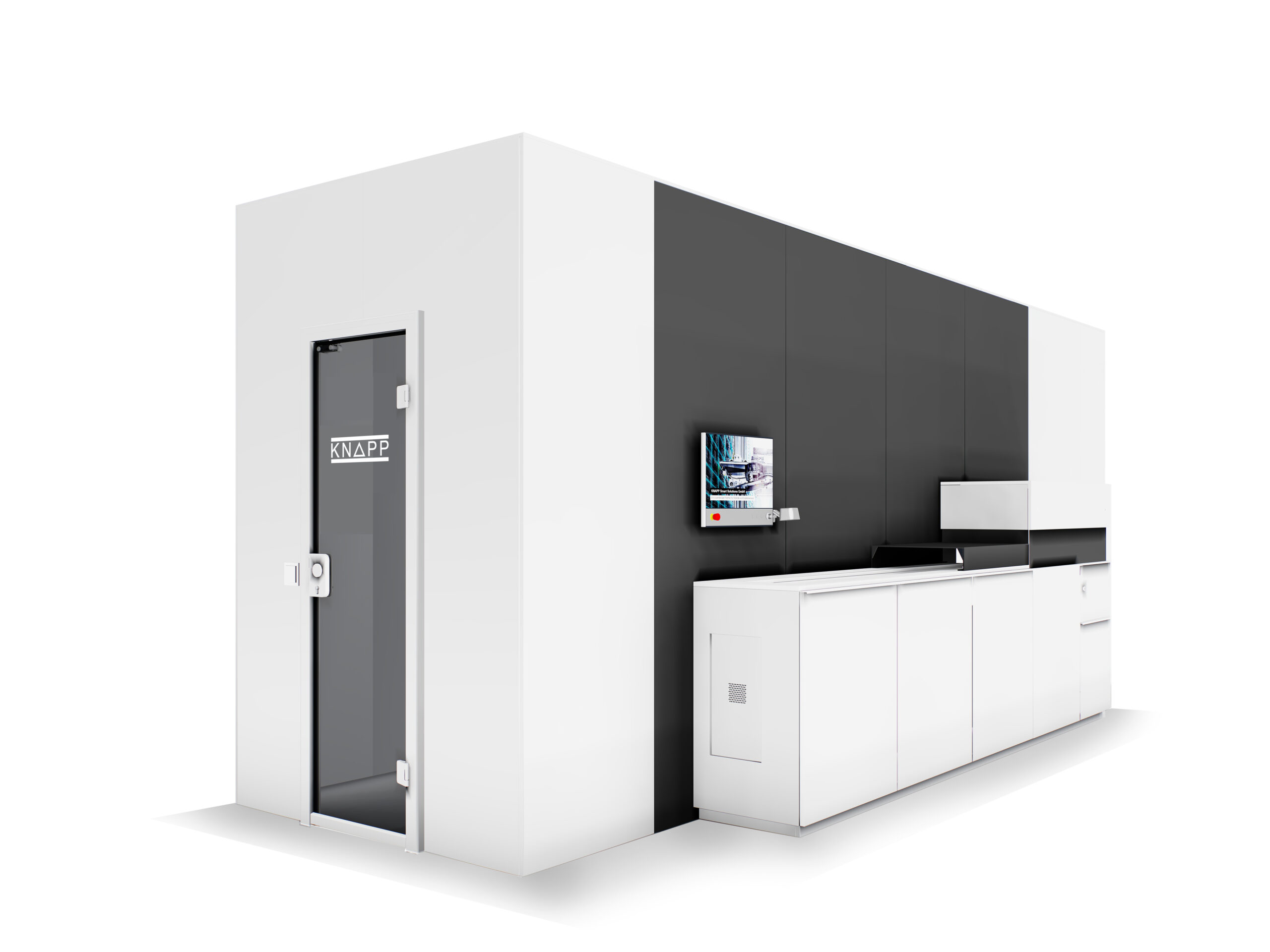 Moderner, schwarz-weißer, modularer Raum mit einer Glastür mit der Aufschrift "KNAPP-Store", einem an der Wand montierten Bildschirm, einer Theke, Ablageschränken und Chargenverfolgung.