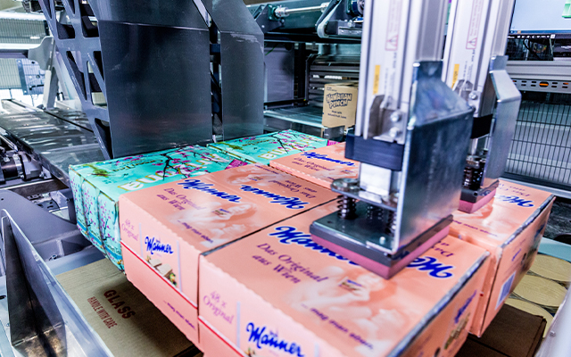 Runpick_beitragsbild A palletizing robot like Runpick efficiently secures stacks of colorful “Waiakea” cardboard boxes on a conveyor belt in a factory, organizing the rows for smooth distribution.