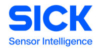 Das blaue Textlogo lautet "SICK", darunter steht in kleinerer Schrift "Sensor Intelligence" auf weißem Hintergrund.