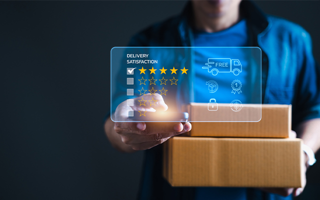 transport_beitragsbild Eine Person hält zwei Pappkartons in der einen und einen transparenten digitalen Bildschirm in der anderen Hand, auf dem eine Fünf-Sterne-Zufriedenheitsbewertung für die Zustellung und Transportmanagement-Symbole wie ein Lastwagen, eine Plakette und ein Schloss zu sehen sind.