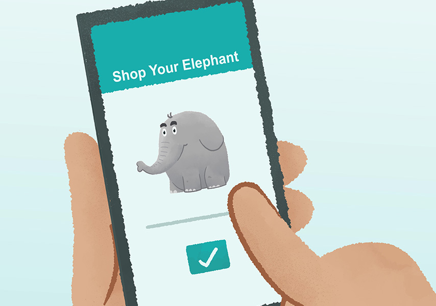 web_knapp_elefant Une main tient un téléphone sur lequel s'affiche un éléphant de dessin animé et le texte « Shop Your Elephant » au-dessus d'un bouton en forme de coche.