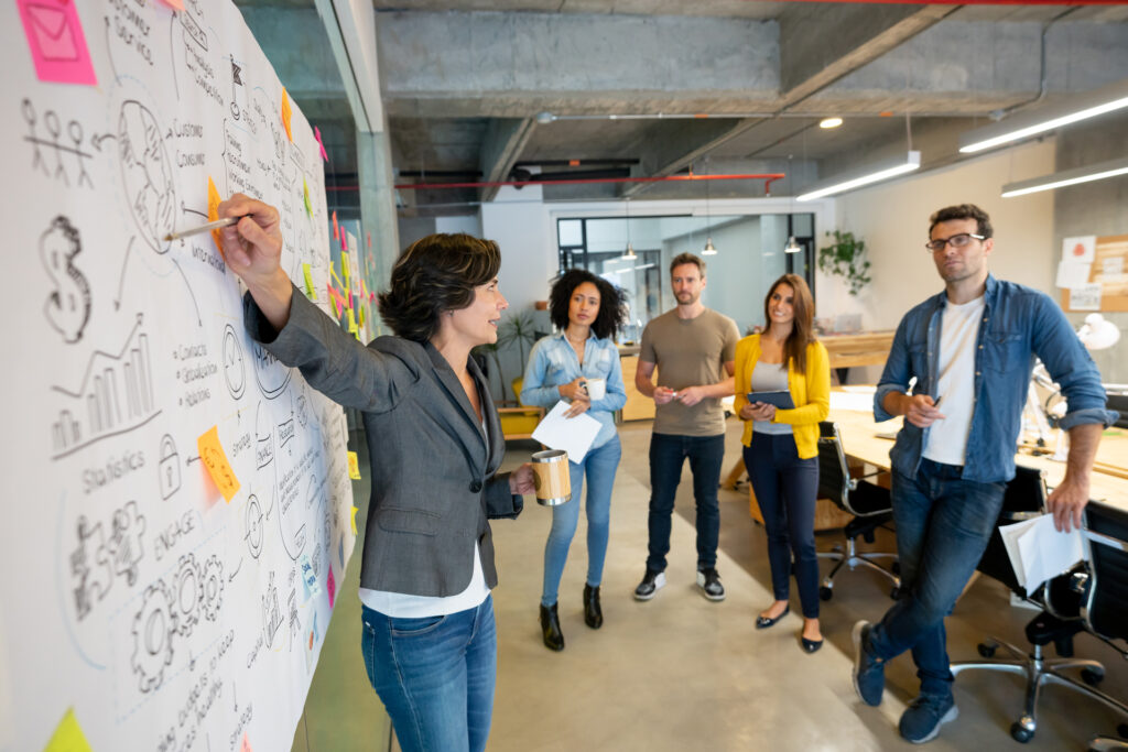 Rétrofit du WMS : la gestion des changements comme facteur de succès_Copyright Stock Photo GettyImages Dans un bureau moderne, une femme présente des idées sur un tableau blanc à quatre collègues ; tous semblent intéressés et attentifs.
