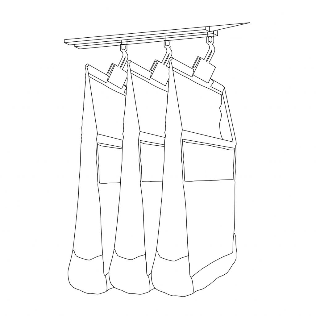 Drawing of self-opening sorter pockets and an overhead conveyor system